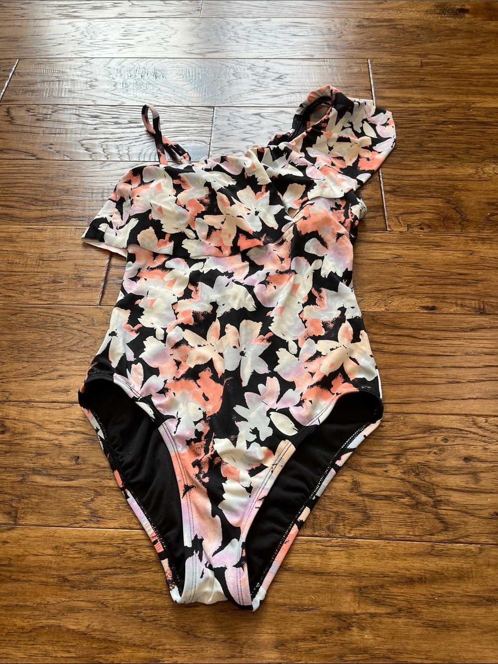 Time and Tru One-Shoulder Floral One-Piece Swimsuit in Black, Coral, White